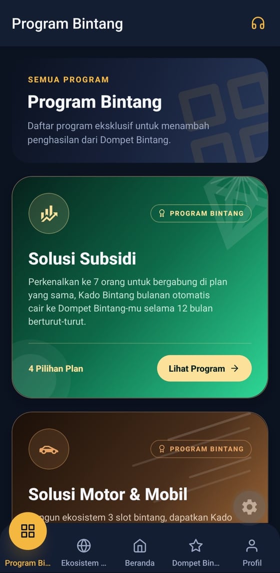 Tampilan daftar Program Bintang di aplikasi Rumah & Club